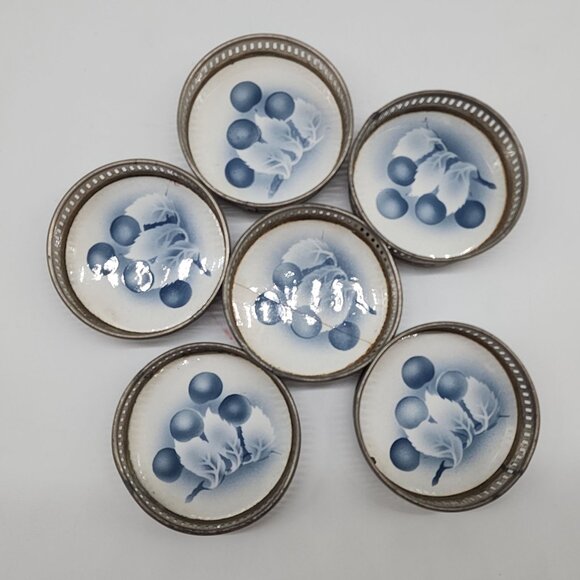 Serving Tray Set Round Platter Handles 6 Coasters Ceramic Tile Cherries Germany - Picture 5 of 12